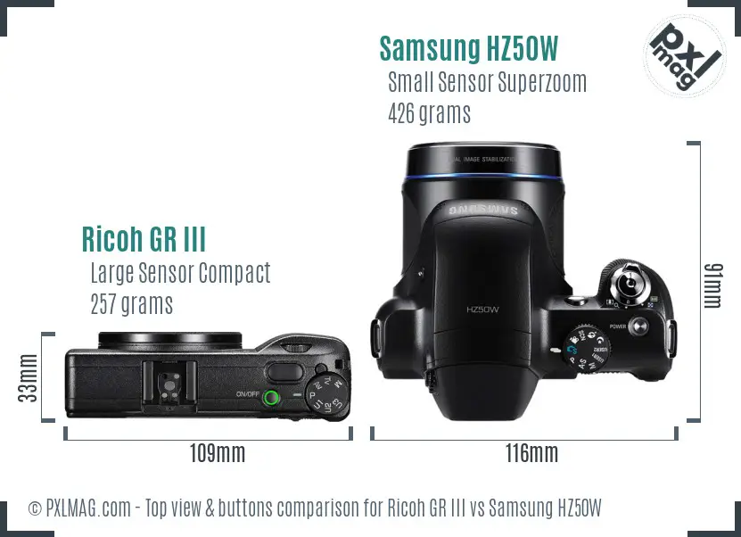 Ricoh GR III vs Samsung HZ50W top view buttons comparison