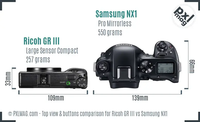 Ricoh GR III vs Samsung NX1 top view buttons comparison