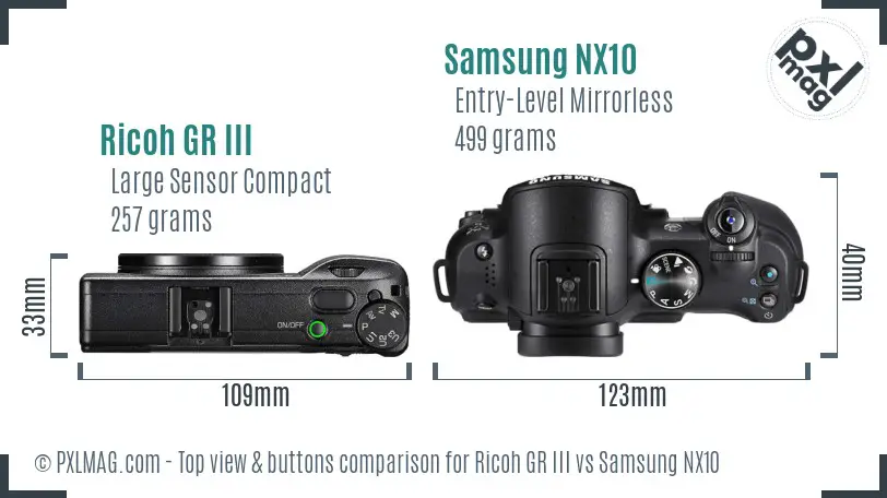 Ricoh GR III vs Samsung NX10 top view buttons comparison
