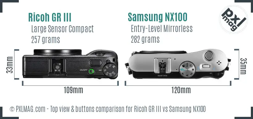 Ricoh GR III vs Samsung NX100 top view buttons comparison