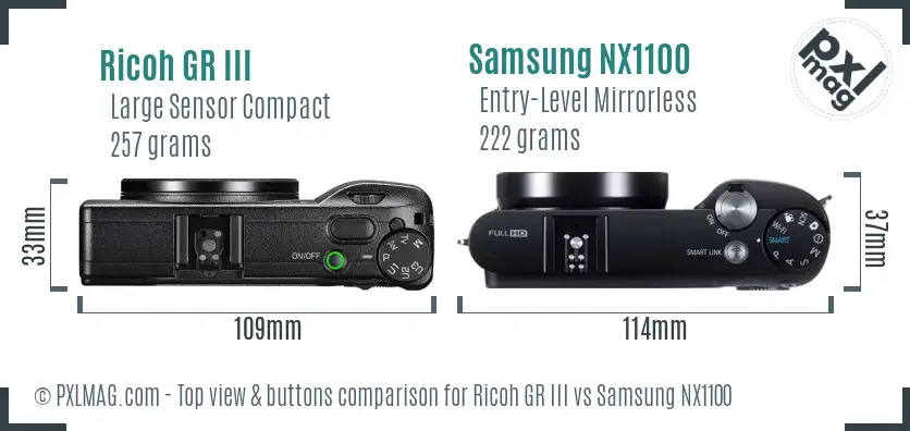 Ricoh GR III vs Samsung NX1100 top view buttons comparison