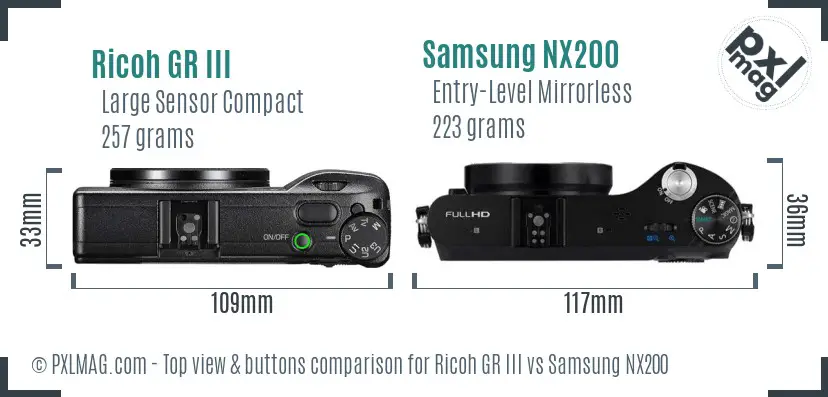 Ricoh GR III vs Samsung NX200 top view buttons comparison