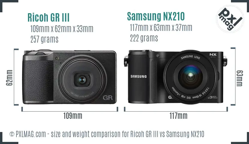 Ricoh GR III vs Samsung NX210 size comparison
