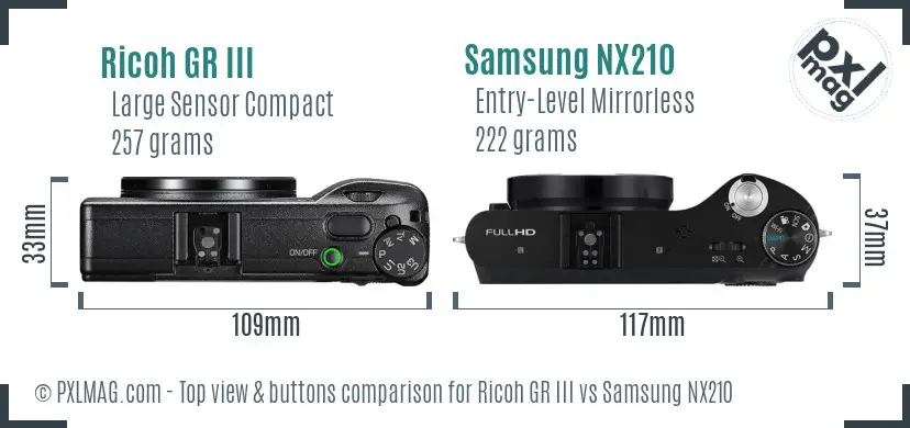Ricoh GR III vs Samsung NX210 top view buttons comparison