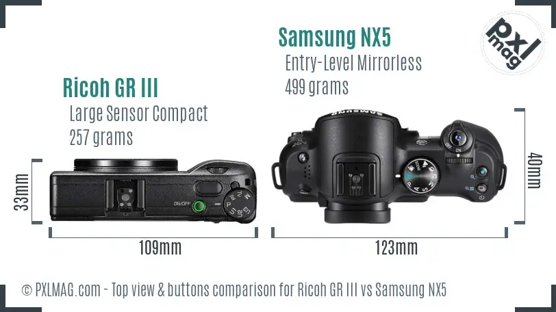 Ricoh GR III vs Samsung NX5 top view buttons comparison