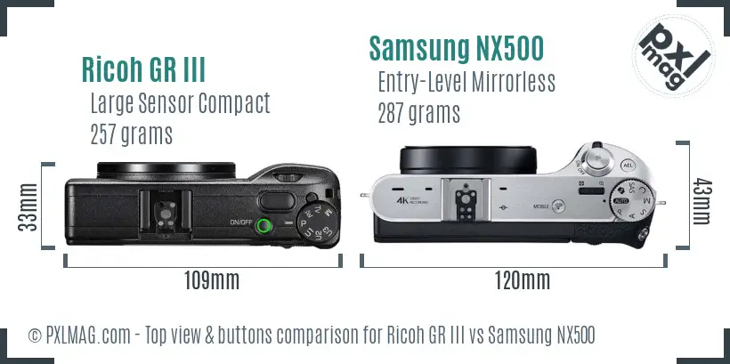 Ricoh GR III vs Samsung NX500 top view buttons comparison