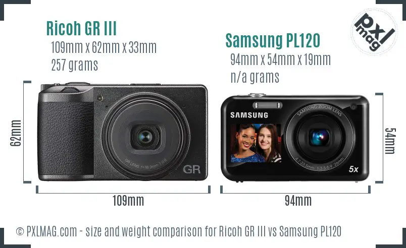 Ricoh GR III vs Samsung PL120 size comparison