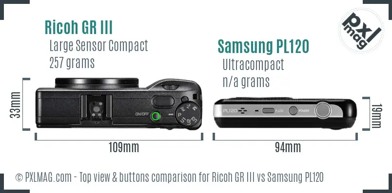 Ricoh GR III vs Samsung PL120 top view buttons comparison