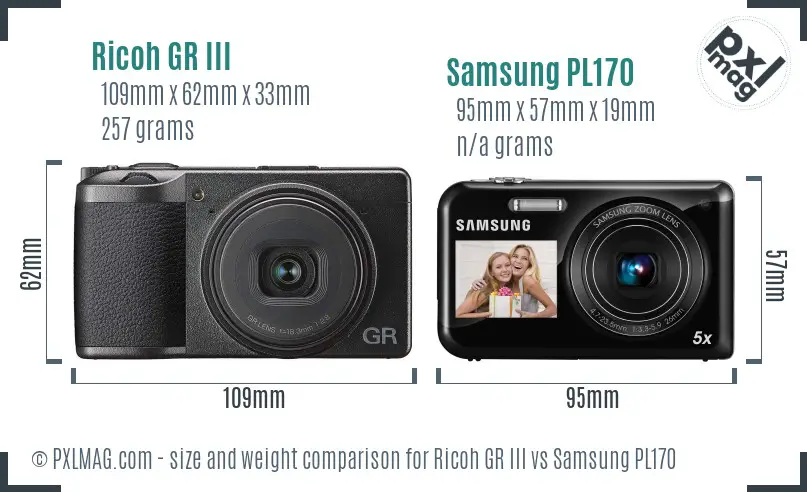 Ricoh GR III vs Samsung PL170 size comparison