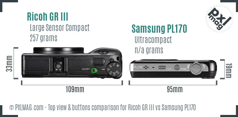 Ricoh GR III vs Samsung PL170 top view buttons comparison