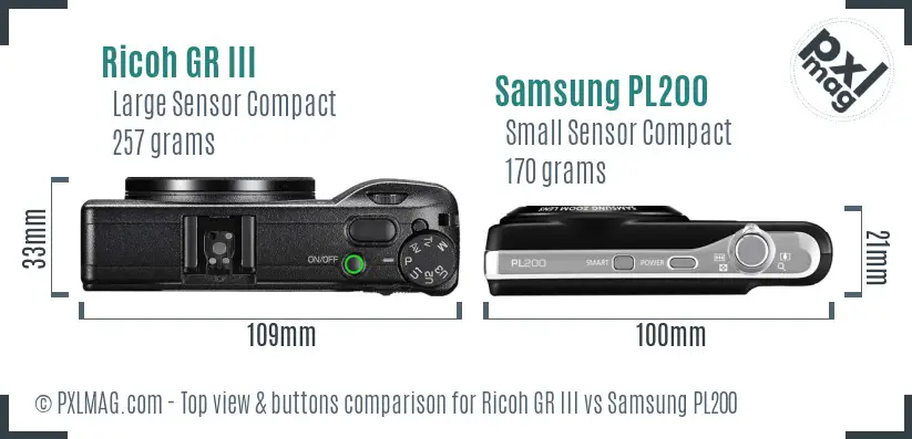 Ricoh GR III vs Samsung PL200 top view buttons comparison