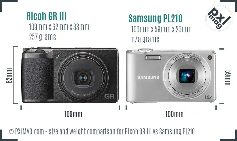 Ricoh GR III vs Samsung PL210 size comparison