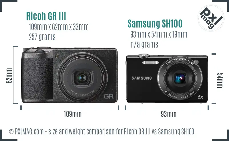 Ricoh GR III vs Samsung SH100 size comparison