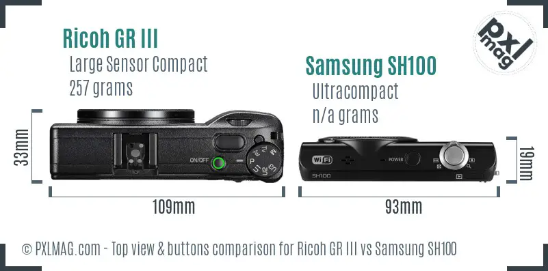 Ricoh GR III vs Samsung SH100 top view buttons comparison