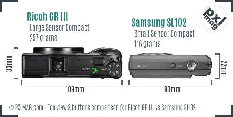 Ricoh GR III vs Samsung SL102 top view buttons comparison