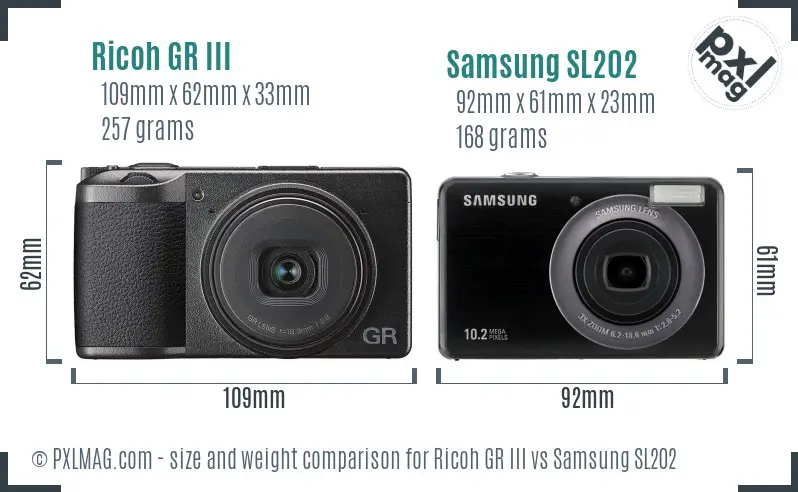 Ricoh GR III vs Samsung SL202 size comparison