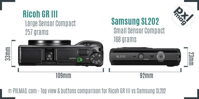 Ricoh GR III vs Samsung SL202 top view buttons comparison