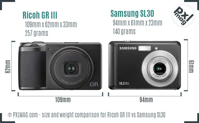 Ricoh GR III vs Samsung SL30 size comparison
