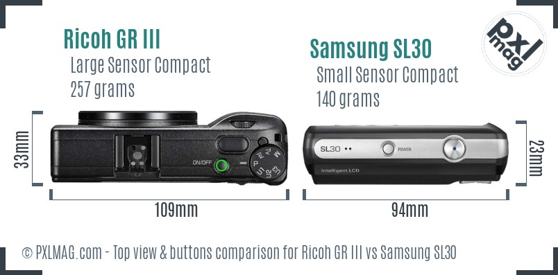 Ricoh GR III vs Samsung SL30 top view buttons comparison