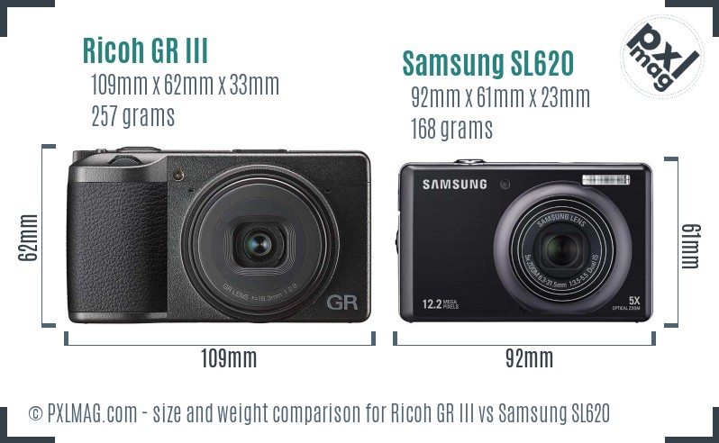 Ricoh GR III vs Samsung SL620 size comparison