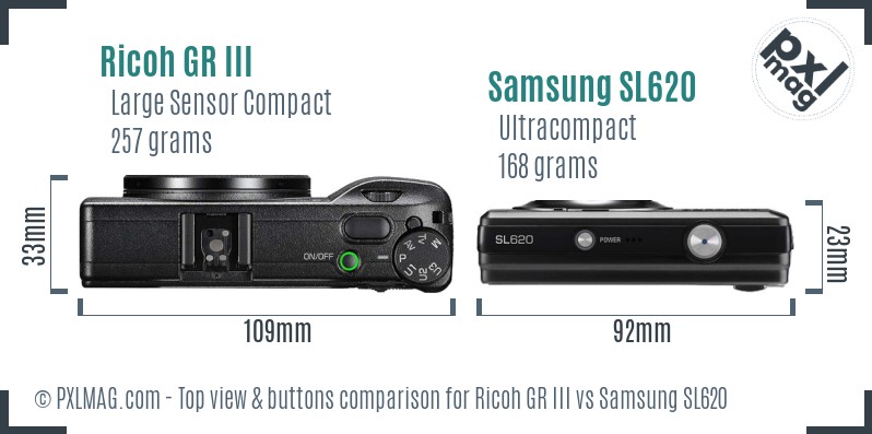 Ricoh GR III vs Samsung SL620 top view buttons comparison