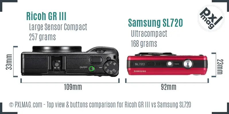 Ricoh GR III vs Samsung SL720 top view buttons comparison