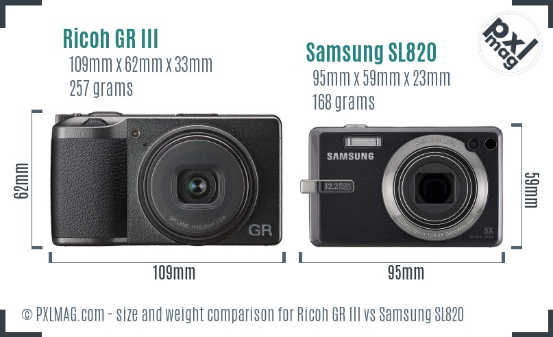 Ricoh GR III vs Samsung SL820 size comparison