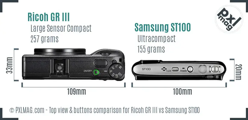 Ricoh GR III vs Samsung ST100 top view buttons comparison