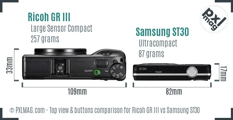 Ricoh GR III vs Samsung ST30 top view buttons comparison