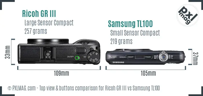 Ricoh GR III vs Samsung TL100 top view buttons comparison