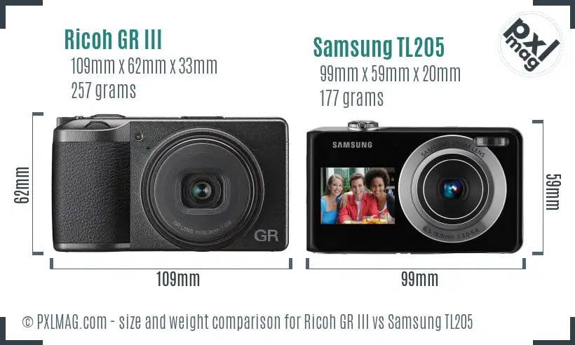 Ricoh GR III vs Samsung TL205 size comparison