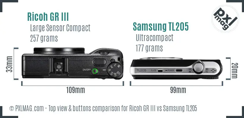 Ricoh GR III vs Samsung TL205 top view buttons comparison