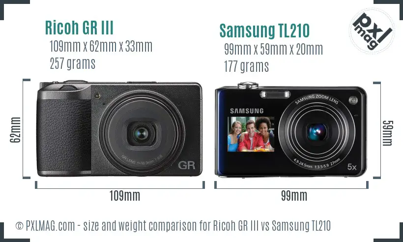 Ricoh GR III vs Samsung TL210 size comparison