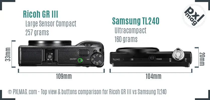 Ricoh GR III vs Samsung TL240 top view buttons comparison