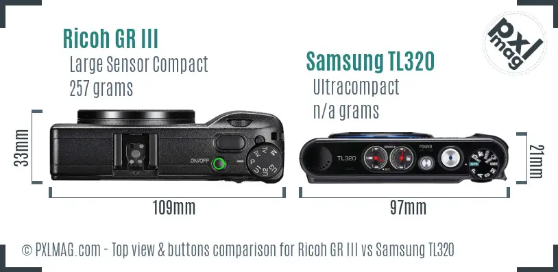 Ricoh GR III vs Samsung TL320 top view buttons comparison Ricoh GR III vs Samsung TL320 top view buttons comparison