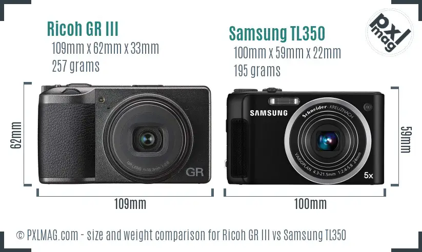 Ricoh GR III vs Samsung TL350 size comparison