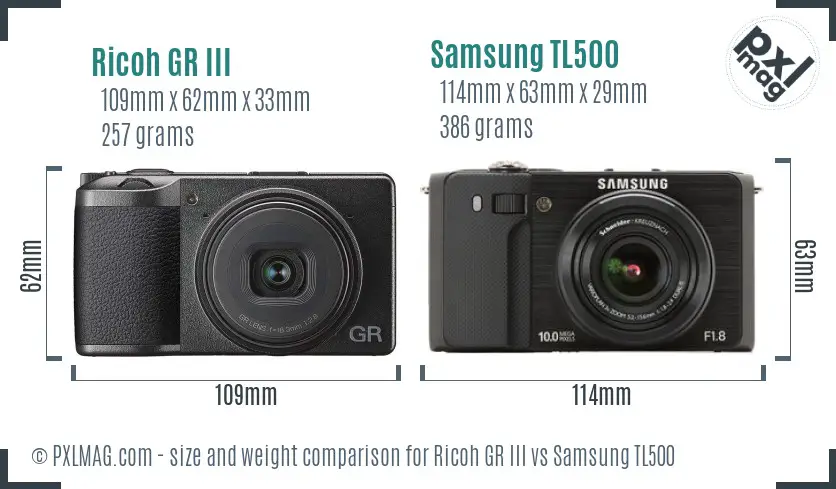 Ricoh GR III vs Samsung TL500 size comparison