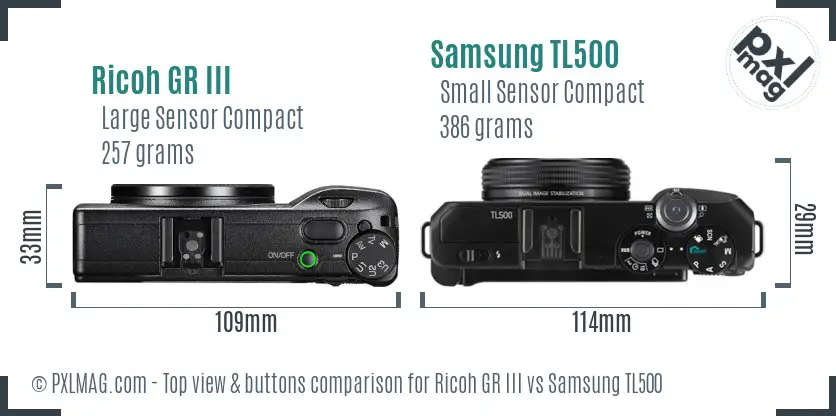 Ricoh GR III vs Samsung TL500 top view buttons comparison