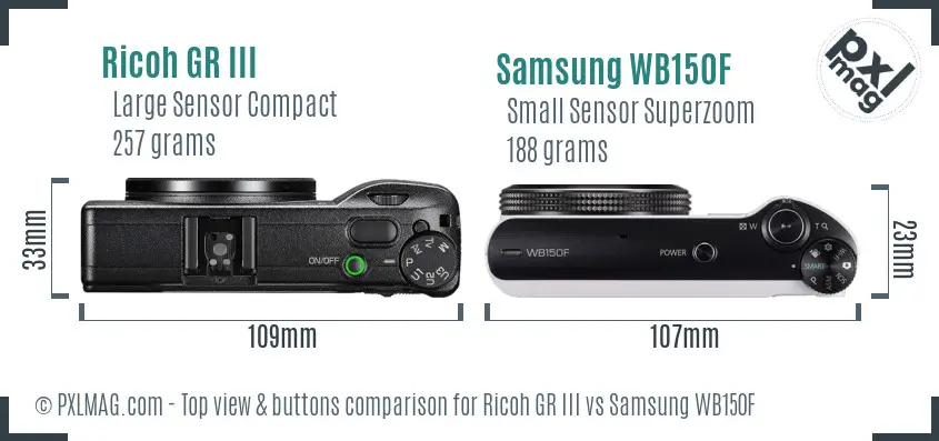 Ricoh GR III vs Samsung WB150F top view buttons comparison