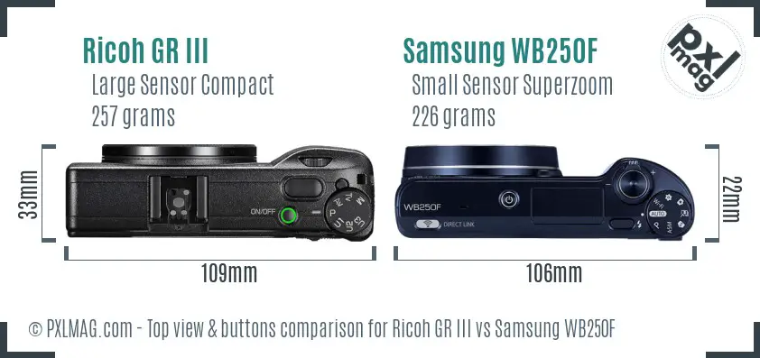 Ricoh GR III vs Samsung WB250F top view buttons comparison