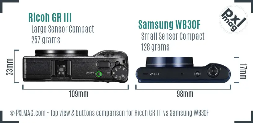 Ricoh GR III vs Samsung WB30F top view buttons comparison
