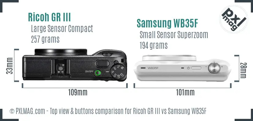 Ricoh GR III vs Samsung WB35F top view buttons comparison