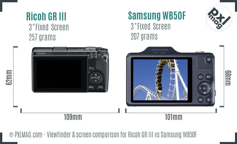 Ricoh GR III vs Samsung WB50F Screen and Viewfinder comparison