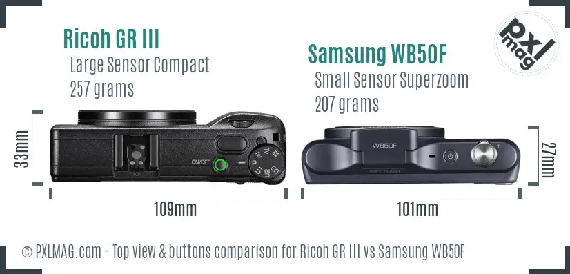 Ricoh GR III vs Samsung WB50F top view buttons comparison