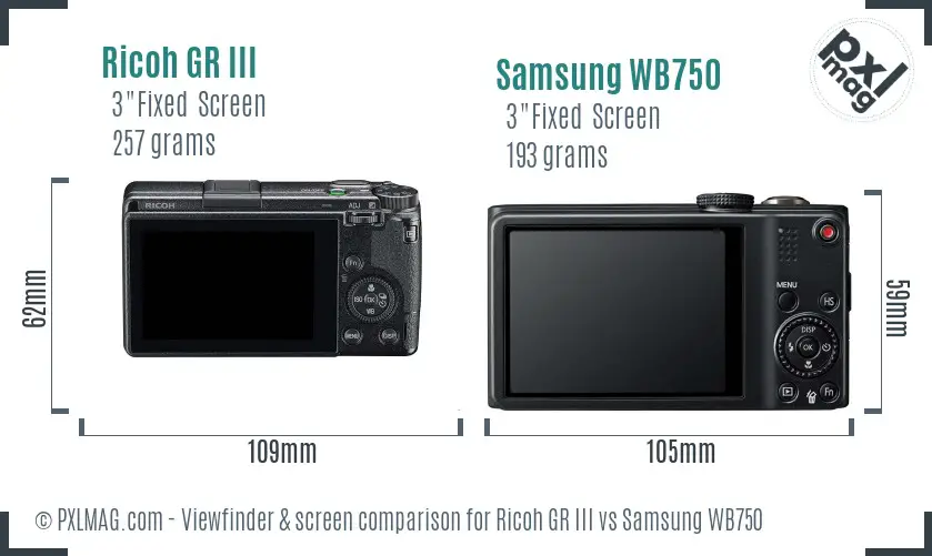 Ricoh GR III vs Samsung WB750 Screen and Viewfinder comparison