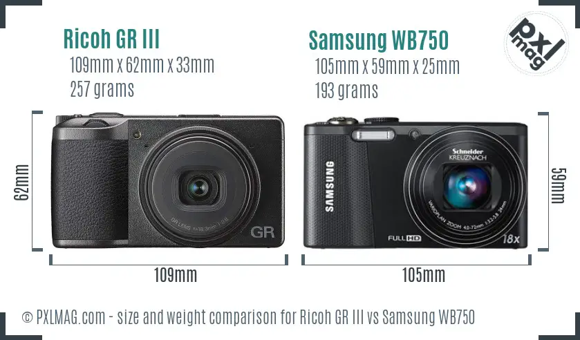 Ricoh GR III vs Samsung WB750 size comparison