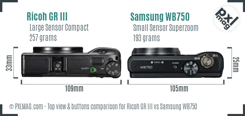 Ricoh GR III vs Samsung WB750 top view buttons comparison