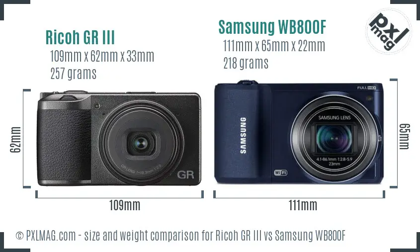Ricoh GR III vs Samsung WB800F size comparison