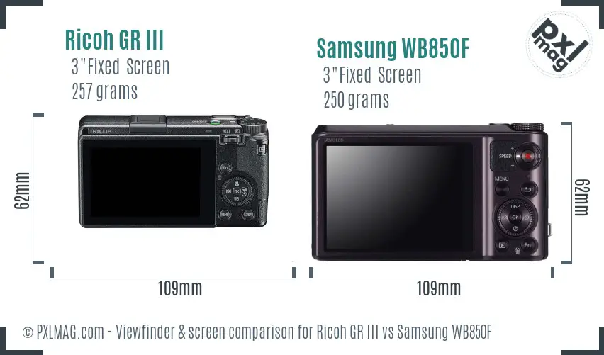 Ricoh GR III vs Samsung WB850F Screen and Viewfinder comparison