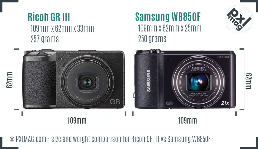 Ricoh GR III vs Samsung WB850F size comparison